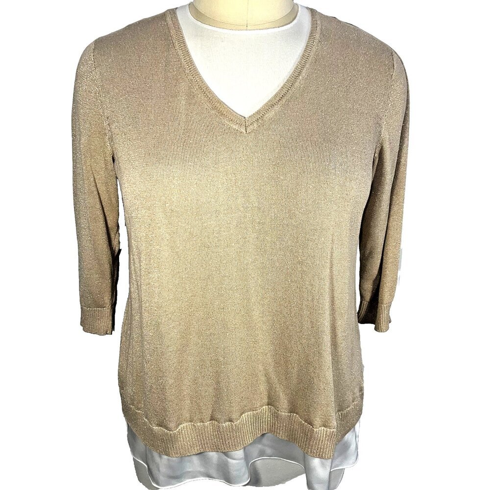 Calvin Klein Sweater Womens 1X Thin Knit Metallic Gold V-Neck Chiffon Trim Hem
